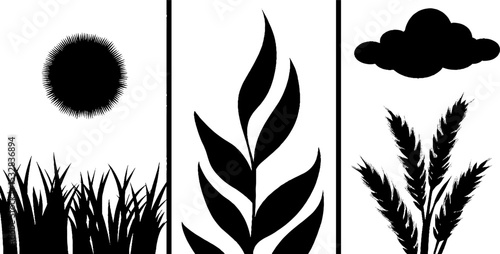 Nature elements collection: field rows, sun, cloud, and wheat silhouettes for design projects