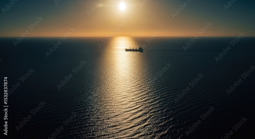 Naklejka premium Cargo Ship Sailing on Calm Ocean at Golden Sunset with Reflective Water Surface