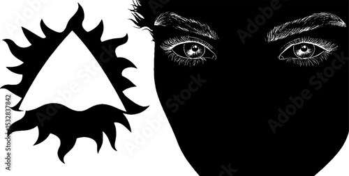 Abstract art with fragmented face and radiant triangle for creative design