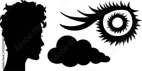 Abstract concept of fragmented face with swirling lines and cloud elements