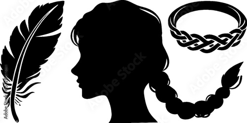 Mythical nordic freya and boar silhouette set with feather and braid elements