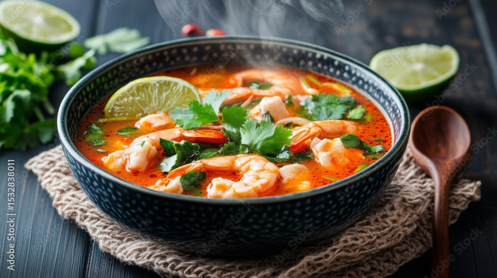 A vibrant bowl of tom yum goong with steam rising, served with fresh herbs and lime wedges on a textured cloth, emphasizing the dishs authenticity and flavor A vibrant bowl of tom yum goong with steam rising, served with fresh herbs and lime wedges on a textured cloth, emphasizing the dishs authenticity and flavor
