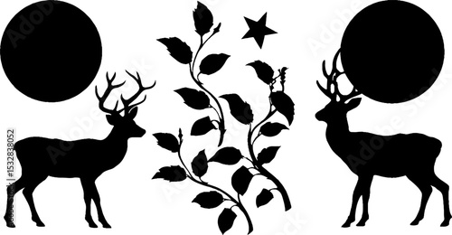 Geometric deer with sun discs and vine swirl design