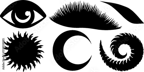 Abstract geometric symbols: eye, spiral, arc, and star elements for design