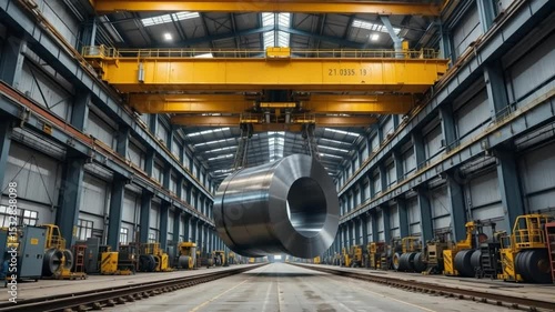 Industrial steel mill with a massive metal coil suspended by a crane, full view