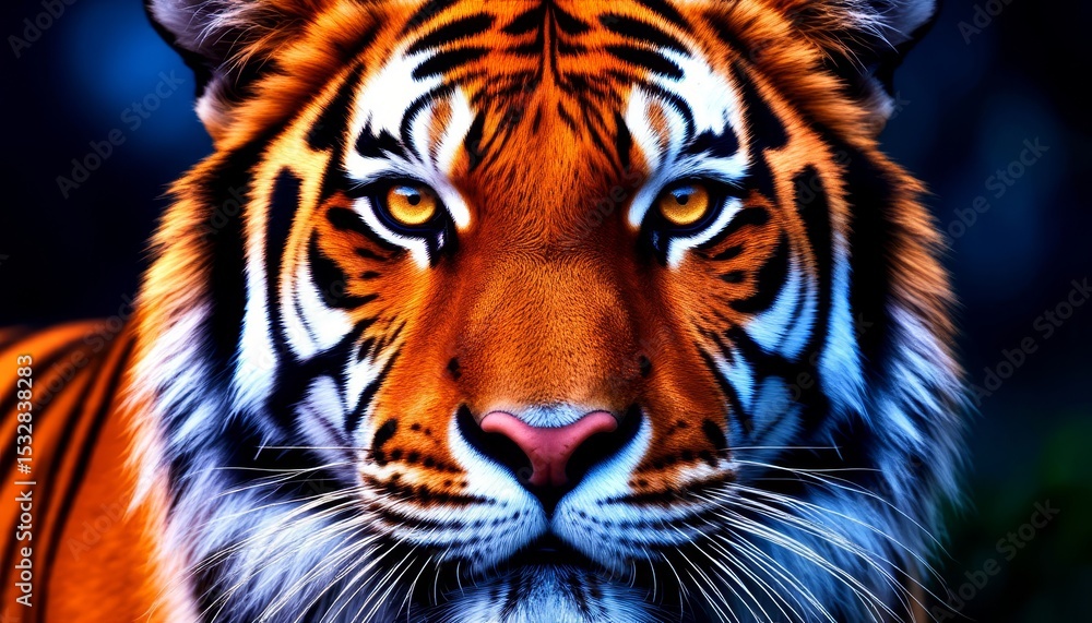 A majestic tiger's face is displayed, showing its striking orange and black stripes along with piercing yellow eyes. This 3D, 4K image captures its fierce beauty and elegance. A majestic tiger's face is displayed, showing its striking orange and black stripes along with piercing yellow eyes. This 3D, 4K image captures its fierce beauty and elegance.