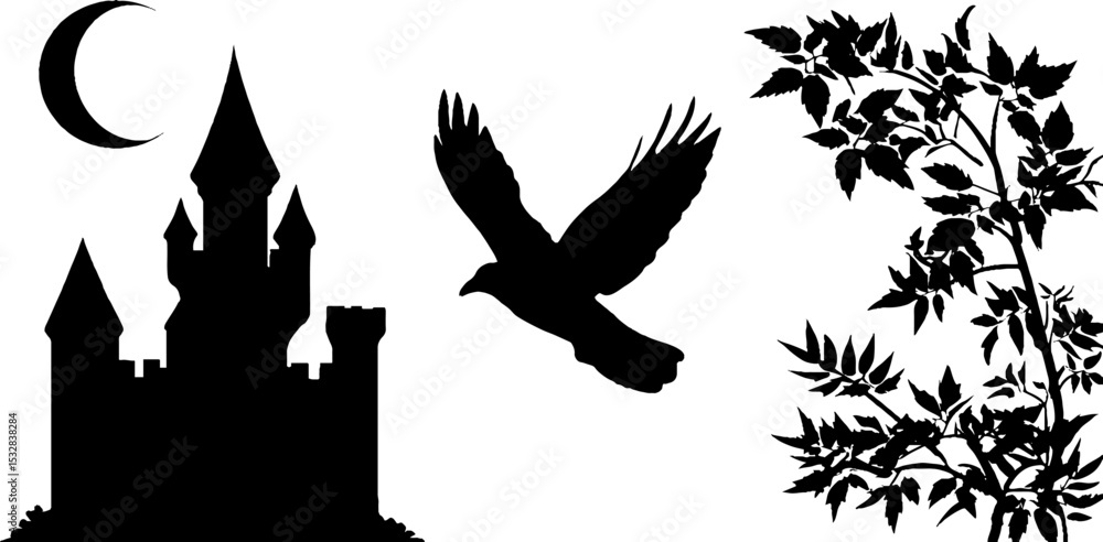 Obraz premium Gothic castle silhouette with moon arc and flying bird for mystical designs