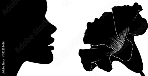 Abstract half face silhouette with geometric flower design for contemporary art