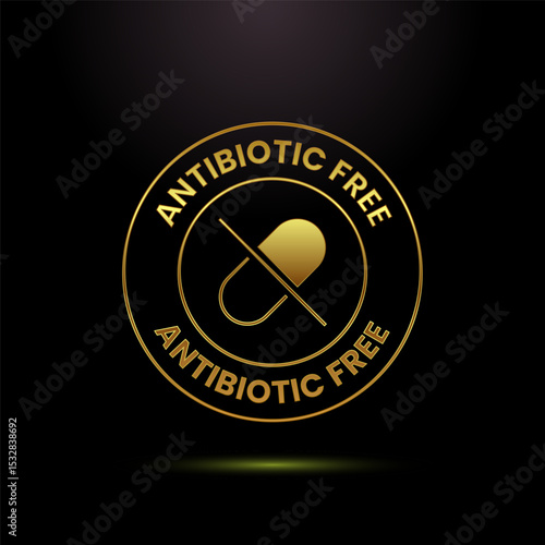 Antibiotic free icon design illustration, No antibiotic label badge in gold color style