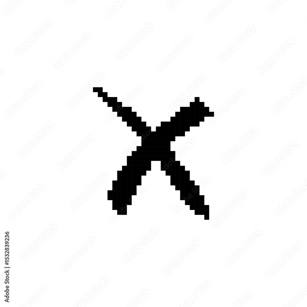 Black x icon in mosaic, pixel art style, featuring a retro, simplistic design with clear edges. Black x icon in mosaic, pixel art style, featuring a retro, simplistic design with clear edges.