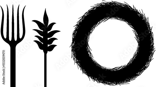 Rustic farming elements: hay bale silhouette and pitchfork design for agricultural themes