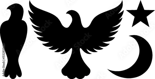 Ancient egyptian symbol set featuring isis silhouette, wings, and ankh