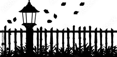 Serene japanese lantern and bamboo fence with falling leaves silhouette design