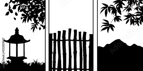 Japanese lantern and bamboo fence with autumn foliage silhouette art