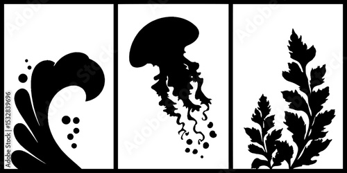 Nautical elements: jellyfish silhouette, ocean waves, and marine flora design for creative use