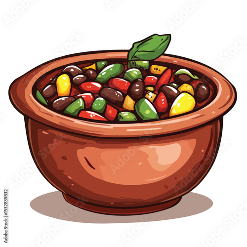Earthenware Bowl of Colorful Chili with Basil Garnish