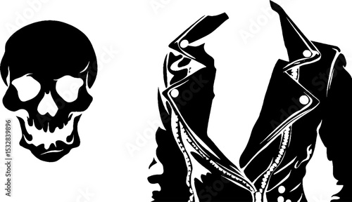 Edgy fashion design featuring leather jacket with skull patch and rivets for biker style inspiration