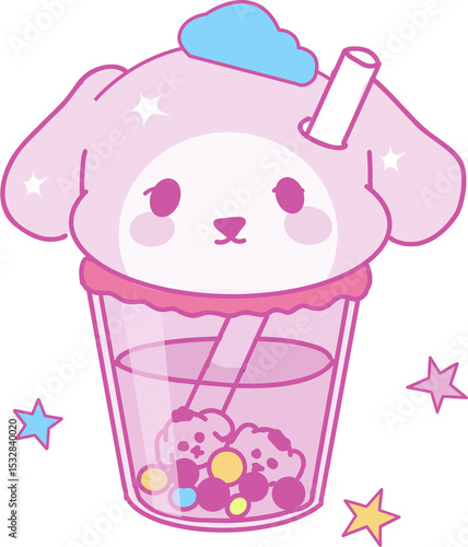Fototapeta Naklejka Na Ścianę i Meble -  Stylized kawaii cup is featuring pastel pink boba with cartoon dog scoop on transparent background