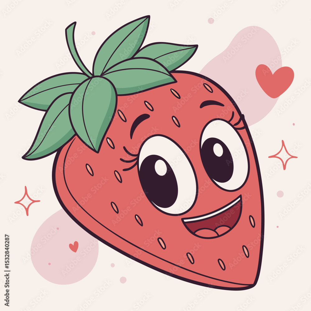 Obraz premium Cute cartoon strawberry with a smiling face and green leaves, surrounded by hearts and sparkling elements, on a light background