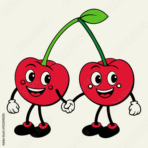 Cute cartoon cherries holding hands, with smiling faces and green leaves, on a light background
