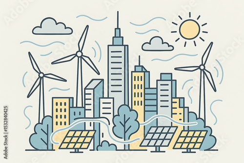 Modern city skyline with wind turbines and solar panels in doodle style