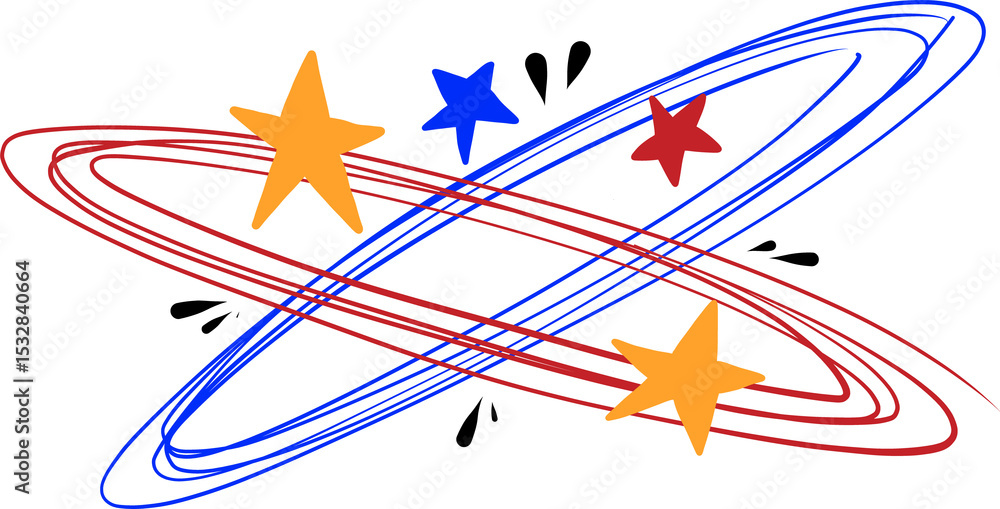 Fototapeta premium Flat design overlapping red and blue rings are forming orbit with stars, drops on transparent bg