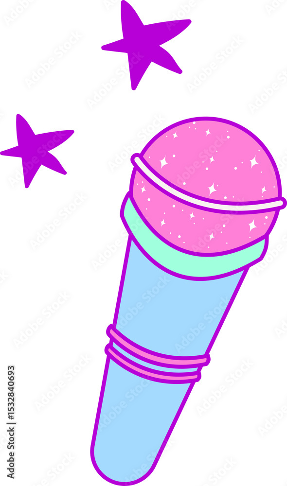 Naklejka premium Flat design pastel microphone shining with glitter and floating stars on transparent background