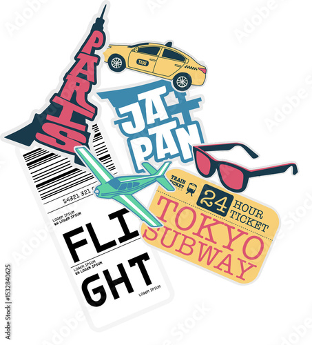 Displaying flat sticker collage with transparent background, featuring Eiffel Tower, boarding pass