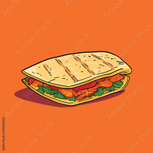 Grilled panini sandwich filled with chicken tomatoes and lettuce illustration