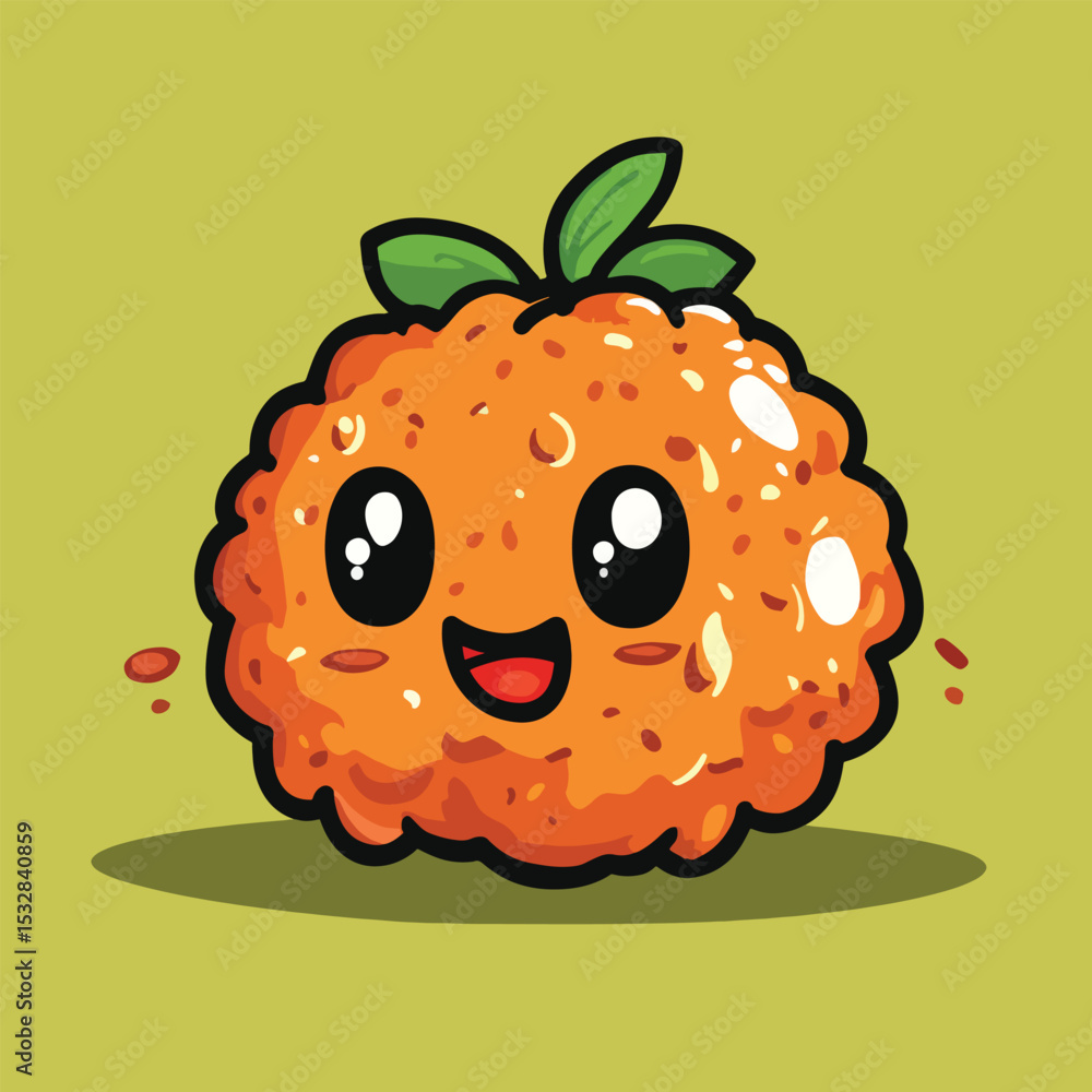 Fototapeta premium Joyful Cartoon Orange with Detailed Texture and Leaves