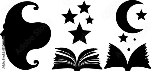 Magical elements collection with moon, stars, and open book silhouettes