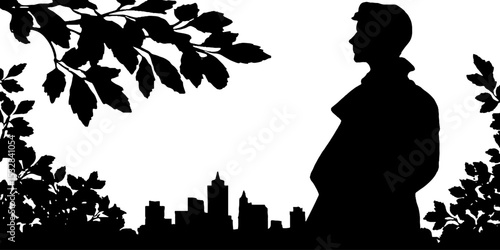 Silhouette of man in trench coat with umbrella against cityscape in autumn