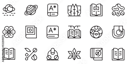 Black and White Vector Line Art Icon Set Featuring Educational Academic Science Nature and Book Icons A Star Rating Flower Planet Book Open Book Closed Book Feather Plant Gear Test Tube and More