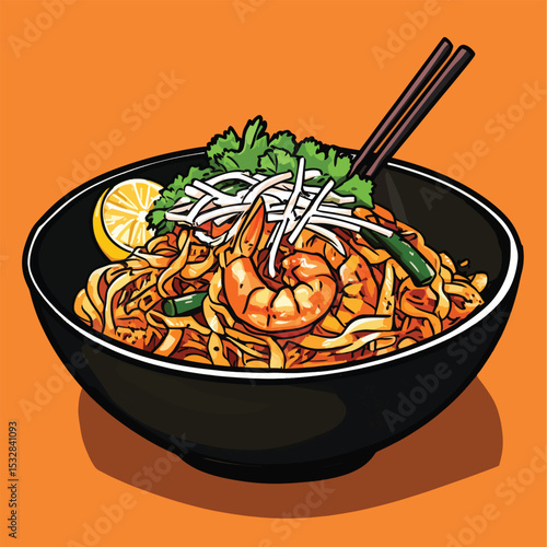 Pad Thai with Shrimp Tofu Lemon and Chopsticks in a Black Bowl