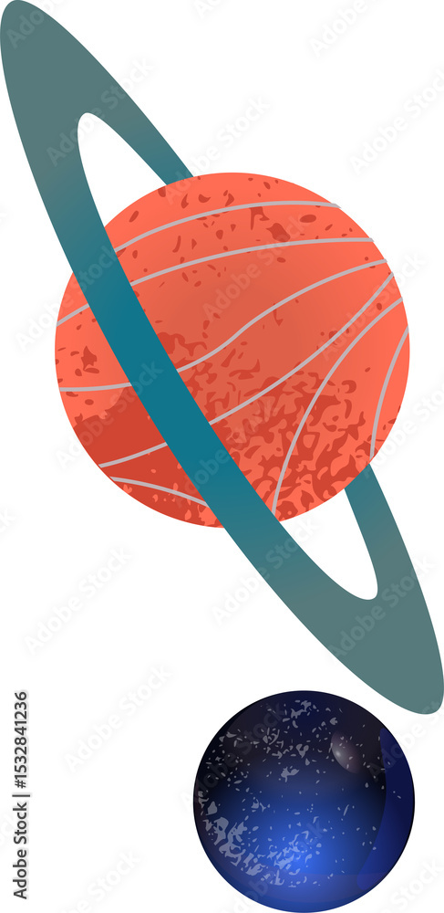 Naklejka premium Rendering two flat design planets in transparent void, showing red ringed orb and blue speckled orb