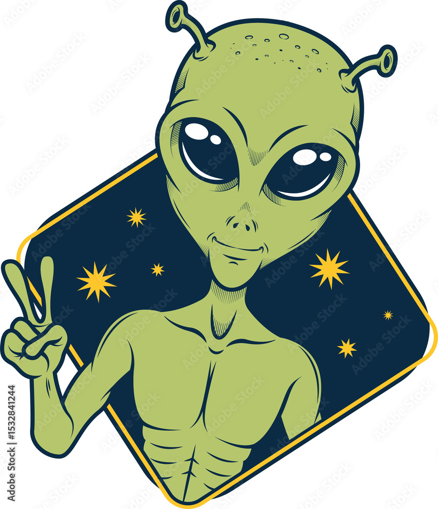 Fototapeta premium Flat-style green alien is making peace sign inside blue frame with stars on transparent background