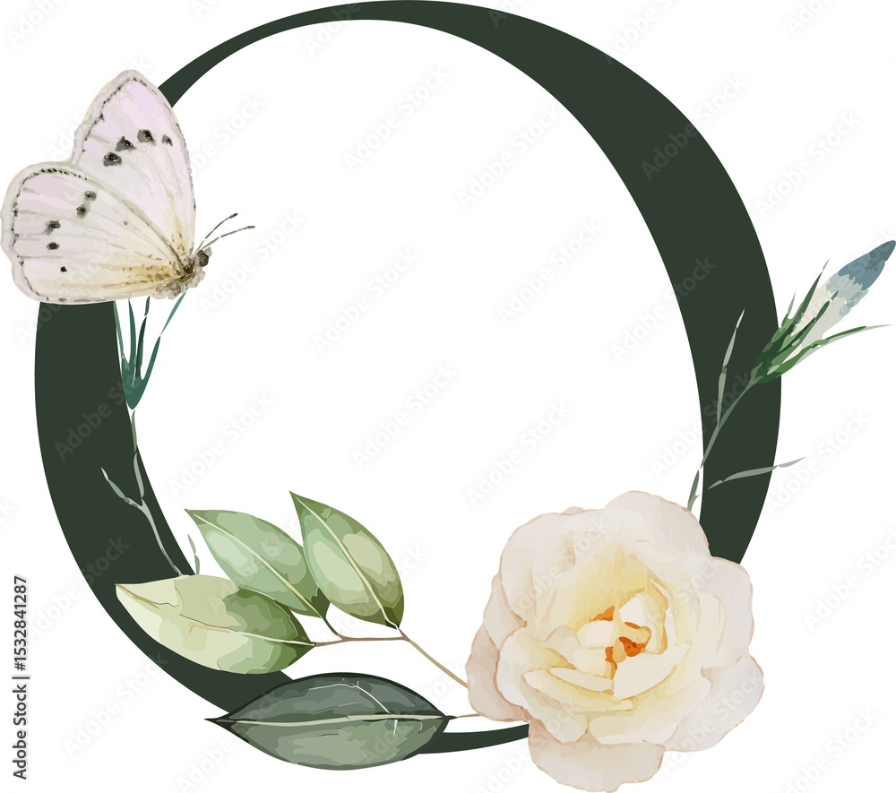 Obraz premium Flat design is showing green wreath with white rose, bud and butterfly on clear canvas