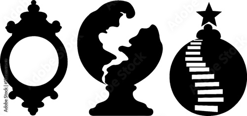 Surrealist designs featuring melting clock, star swirl, and cracked sphere for creative projects