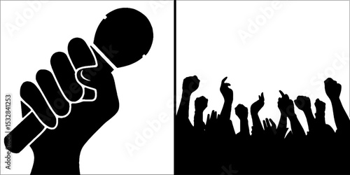 Symbolic representation of protest and expression with microphone and raised fists