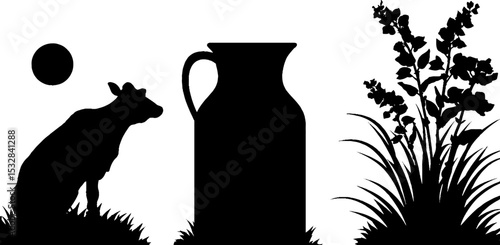 Rural scene with milk can, cow silhouette, and grass for farm decor