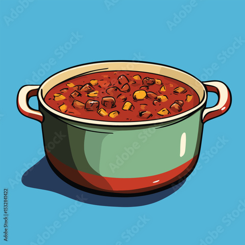 Rustic Pot of Hearty Chili with Visible Chunks of Meat and Vegetables
