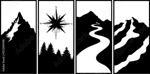 Mountain range series with compass rose and river silhouette design for nature-themed decor