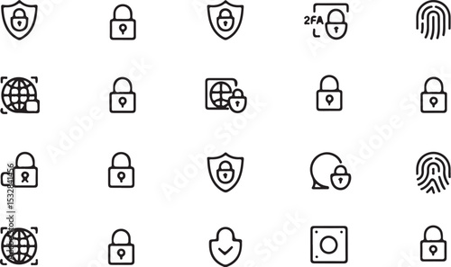 Black and White Vector Line Art Icon Set Featuring Padlocks Shields Global Security Symbols Fingerprint and Two Factor Authentication Illustrations for Cybersecurity and Data Protection Concepts