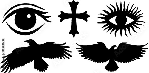 Norse mythology symbols with odin's eye, serpent curve, sun cross, and ravens for tattoo or design