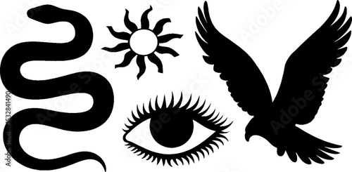 Mythological symbols collection: odin's eye, serpent curve, sun cross, and eagle silhouette