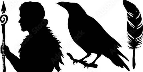 Odin silhouette with raven pair and spear for mythology design