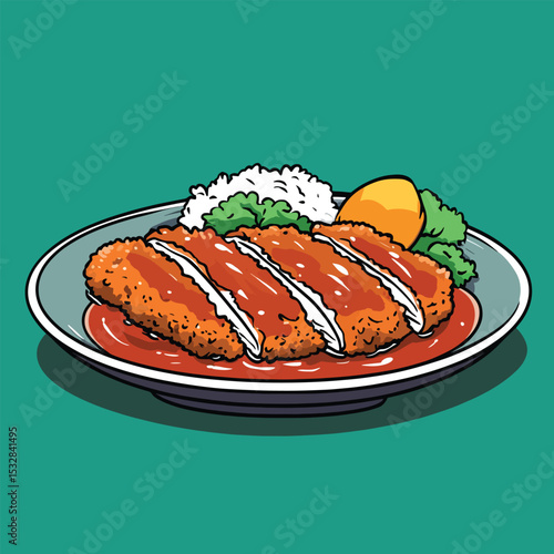 Savory Katsu Curry Plate with Rice and Garnish