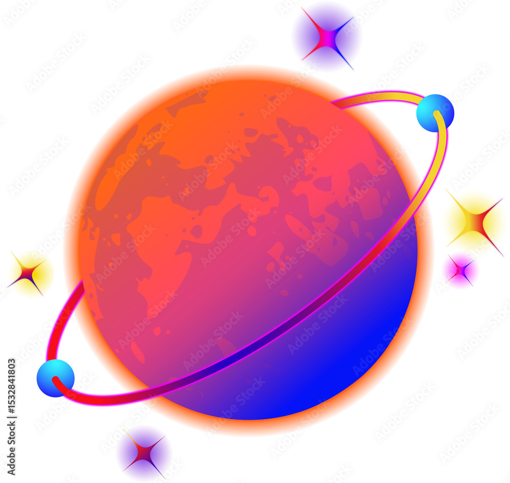 Fototapeta premium Stylized orb showing gradient, orbiting ring wrapping nodes, floating stars on transparent backdrop