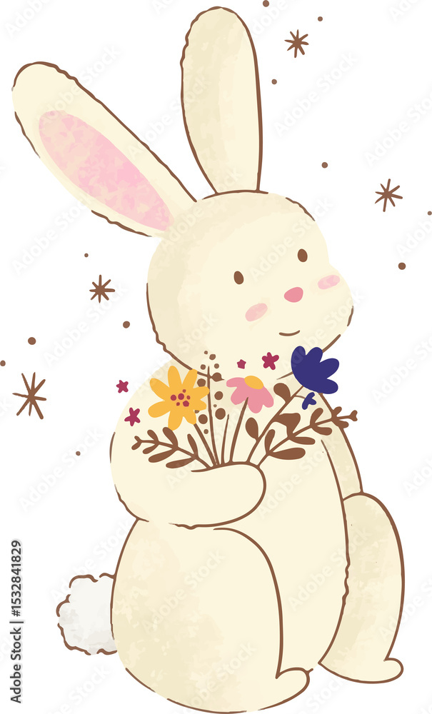 Obraz premium Cream-colored flat rabbit holding wildflower bouquet with sparks floating over transparent backdrop