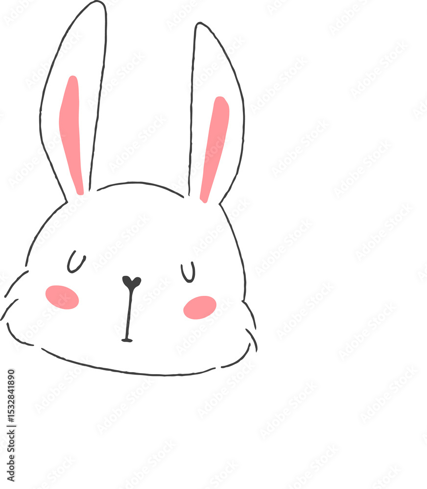 Naklejka premium Hand-drawn sketch rabbit head and paws popping behind fluffy clouds on transparent background